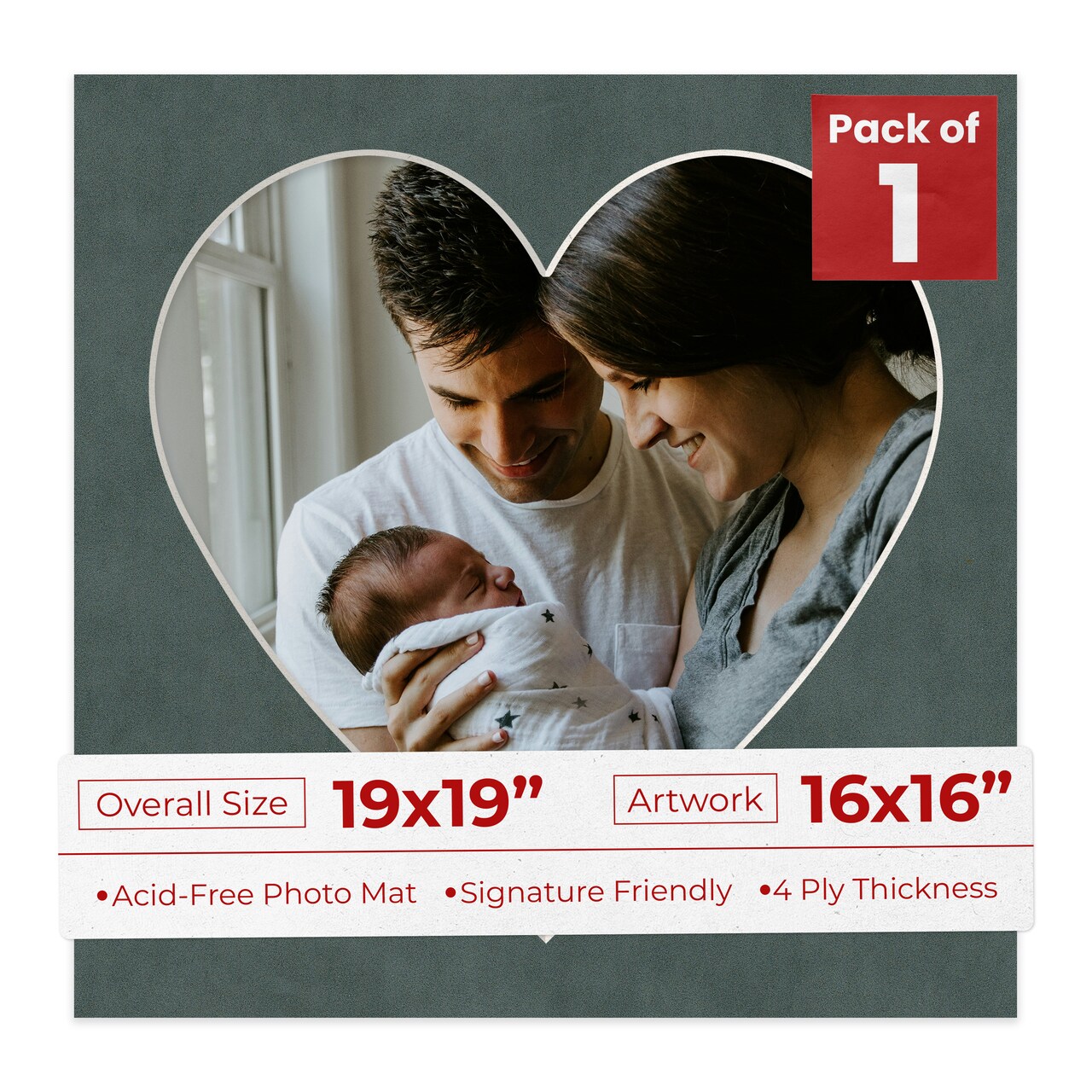 Dark Grey Suede Mat Board for 19x19 Frames - Heart Opening for 16x16 Photos